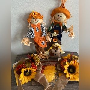 Fall decor Bundle Scarecrow Table Top Family Bows Faux Loose Leaves